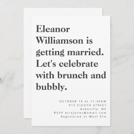 Modern Bold Black White Typography Bridal Brunch Kaart (Voorkant / Achterkant)