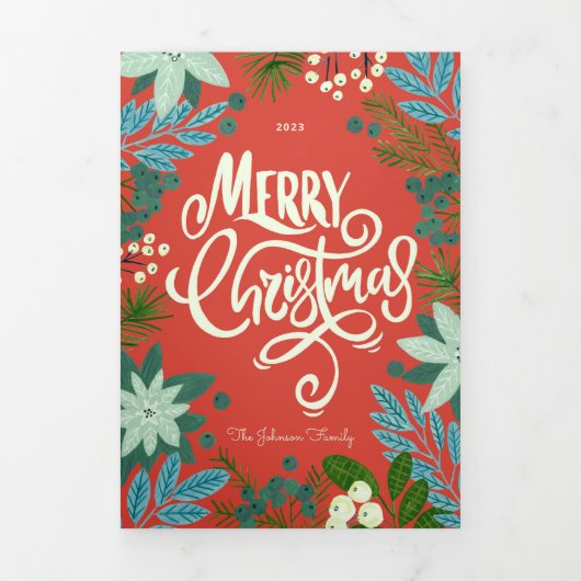 Modern Bold Bloemen Vrolijk Kerstfeest Foto Drieluik Wenskaart (Cover)