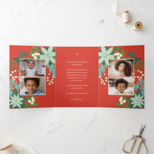 Modern Bold Bloemen Vrolijk Kerstfeest Foto Drieluik Wenskaart (Binnen)