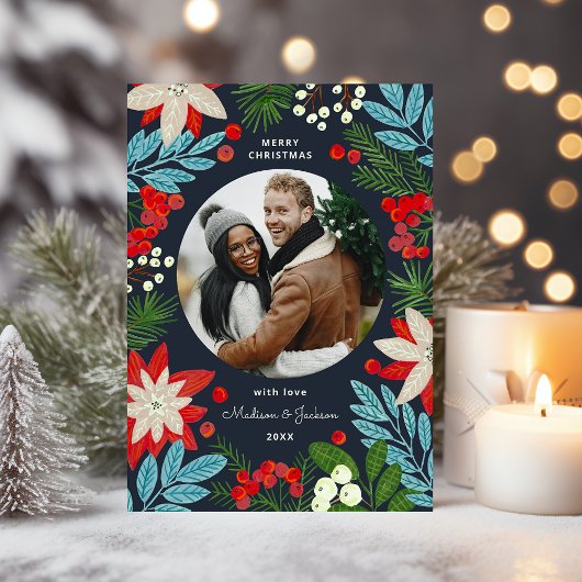 Modern Bold Bloemen Vrolijk Kerstfeest Foto Feestdagenkaart