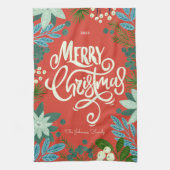 Modern Bold Bloemen Vrolijk Kerstfeest Theedoek (Verticaal)