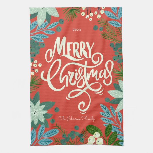 Modern Bold Bloemen Vrolijk Kerstfeest Theedoek (Verticaal)