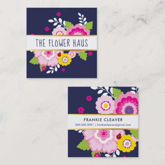 MODERN BOLD BLOEMIGE kleurrijke bloei navy roze Vierkante Visitekaartje (Voorkant / Achterkant)
