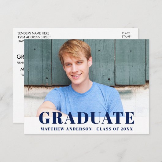 Modern Bold Blue Graduation Party Uitnodiging (Voorkant / Achterkant)