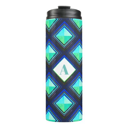 Modern Bold Blue Green Geometric Diamonds & Name Thermosbeker (Voorkant)