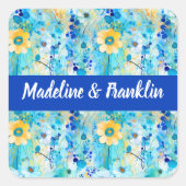 Modern Bold Blue Waterverf Bloemen Huwelijk Vierkante Sticker (Voorkant)