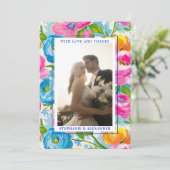 Modern Bold Bright Colorful Floral Photo Wedding Bedankkaart (Staand voorkant)