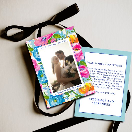 Modern Bold Bright Colorful Floral Photo Wedding Bedankkaart