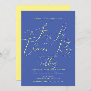 Modern Bold Bright Yellow Blue Script Weddenschap Kaart
