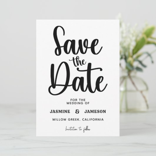 Modern Bold Casual Red Script Photo Wedding Retro Save The Date (Staand voorkant)
