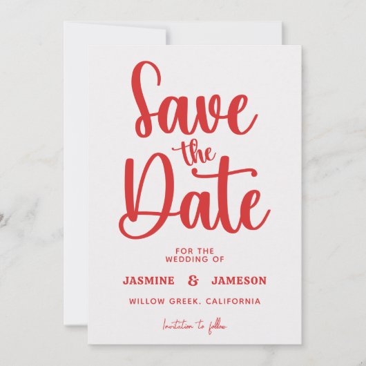Modern Bold Casual Red Script Photo Wedding Retro Save The Date (Voorkant)
