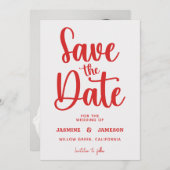 Modern Bold Casual Red Script Photo Wedding Retro Save The Date (Voorkant / Achterkant)