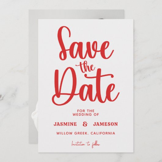 Modern Bold Casual Red Script Photo Wedding Retro Save The Date (Voorkant / Achterkant)