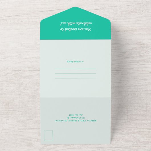 Modern Bold Emerald Mint Green Retro Vibes Wedding All In One Uitnodiging (Buitenkant)