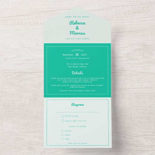 Modern Bold Emerald Mint Green Retro Vibes Wedding All In One Uitnodiging (Binnen)