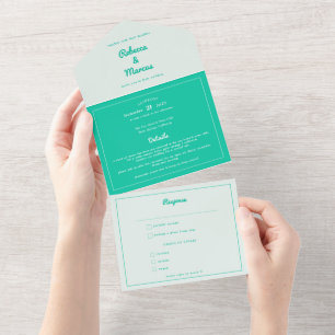 Modern Bold Emerald Mint Green Retro Vibes Wedding All In One Uitnodiging