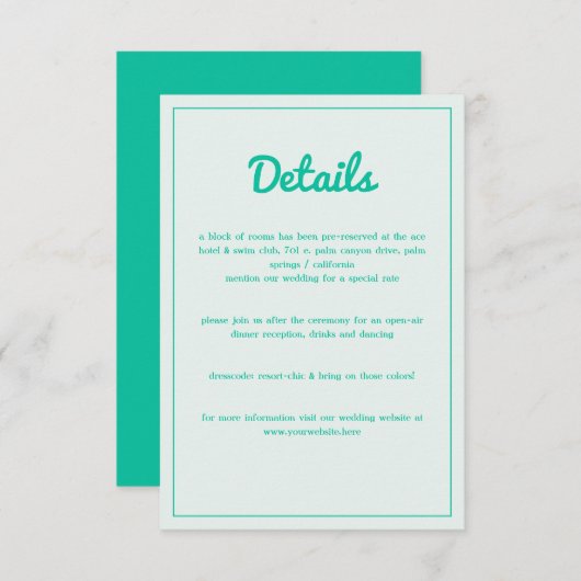 Modern Bold Emerald Mint Green Retro Vibes Wedding Informatiekaartje (Voorkant / Achterkant)
