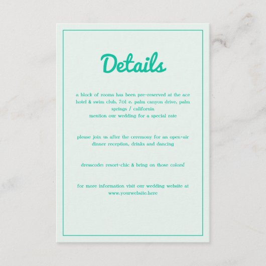 Modern Bold Emerald Mint Green Retro Vibes Wedding Informatiekaartje (Voorkant)