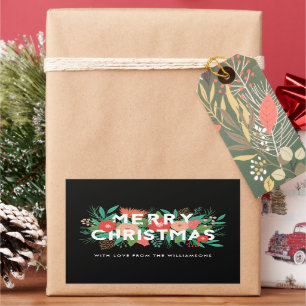 Modern Bold Floral Merry Kerstnaam Black Rechthoekige Sticker
