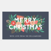 Modern Bold Floral Merry kerstnaam blauw Rechthoekige Sticker (Voorkant)