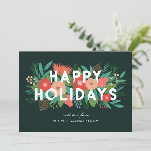 Modern Bold Floral Prettige feestdagen Familienaam Feestdagenkaart (Staand voorkant)