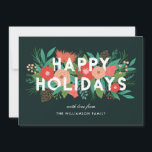 Modern Bold Floral Prettige feestdagen Familienaam Feestdagenkaart<br><div class="desc">Verstuur prachtige, gepersonaliseerde vakantiegroeten met deze stijlvolle kaart, met verschillende met de hand getekende bloemelementen (pijnbomen, bloemen, knoppen, pinecones, bladeren en sprigs). De moderne typografie leest, "Prettige feestdagen"in wit, en de foliageelementen zijn gelaagd hieronder, met sommige elementen boven de tekst. De sjablonen van de tekst op zowel de voor als...</div>