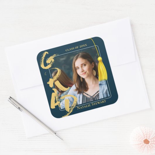 Modern Bold Font Photo Afstuderen Tassel Vierkante Sticker (Envelop)