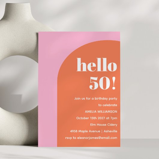 Modern Bold Geometric Pink Orange 50th Birthday Kaart
