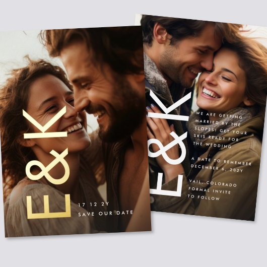 Modern BOLD Gold 2 Photo Monogram Save THE Date Folie Uitnodiging