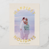 Modern Bold Gold Christmas Script Elegante Foto Folie Feestdagenkaart (Voorkant)