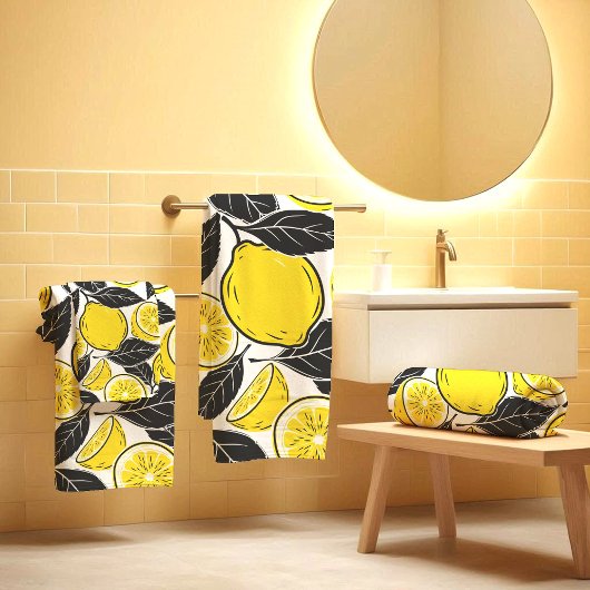 Modern Bold Lemon & Black Leaves  Seamless Pattern Bad Handdoek