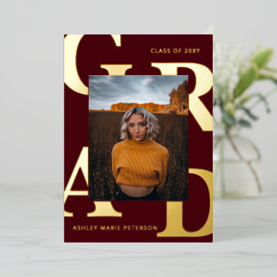 Modern Bold Letters Burgundy Photo Afstuderen Folie Uitnodiging