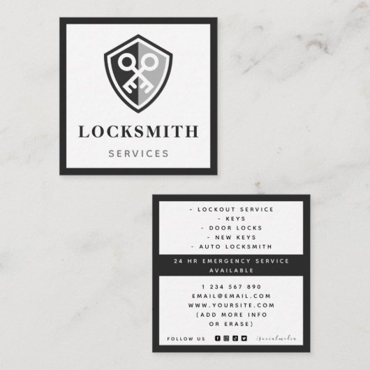 Modern Bold Locksmith Services Black & Grey Classy Vierkante Visitekaartje (Voorkant / Achterkant)