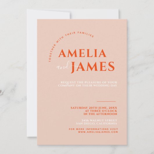 Modern Bold Minimalistisch sinaasappel en Roze Bru Kaart (Voorkant)