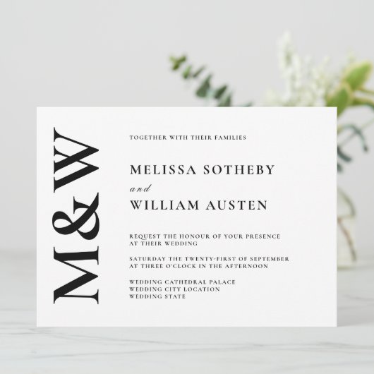 Modern Bold Monogram Black en White Wedding Kaart (Staand voorkant)