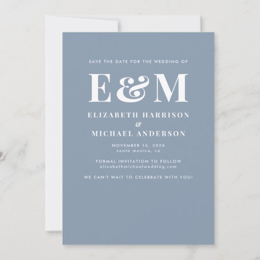 Modern Bold Monogram Initialen Foto Dusty Blue Save The Date (Achterkant)