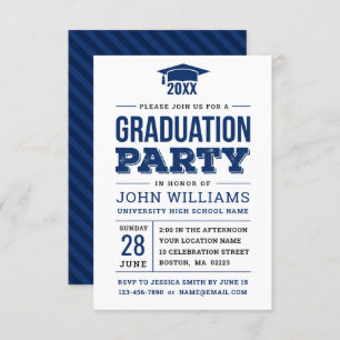 Modern Bold Navy Blue and White Graduation Party Kaart