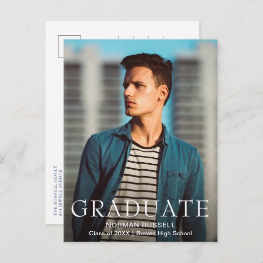 Modern Bold Navy Blue Boy Foto Afstuderen Aankondigingskaart (Voorkant / Achterkant)