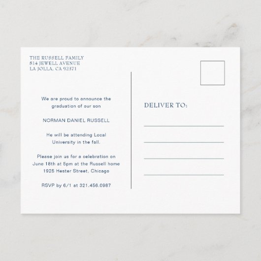 Modern Bold Navy Blue Boy Foto Afstuderen Aankondigingskaart (Achterkant)