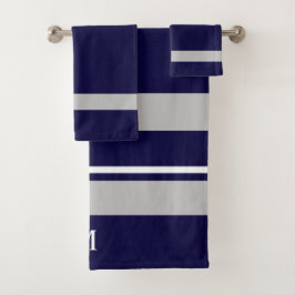 Modern Bold Navy Blue Grey Stripe Monogram Bad Handdoek