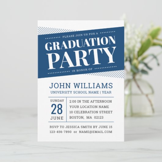 Modern Bold Navy Blue White Graduparty Kaart (Staand voorkant)