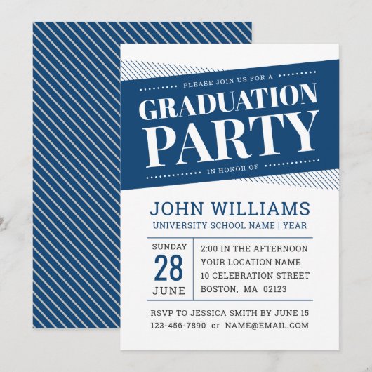 Modern Bold Navy Blue White Graduparty Kaart (Voorkant / Achterkant)