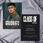 Modern Bold Photo Black Graduation Announcement Kaart<br><div class="desc">Make a statement with this modern bold Photo graduation announcement featuring a full photo layout and striking modern typography. Perfect for high school graduate or college graduate celebrations,  this minimalist graduation design highlights your senior portrait with a clean,  contemporary style that stands out. Created by Simply Farmhouse Press.</div>