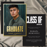 Modern Bold Photo Graduation Foil Announcement Folie Uitnodiging<br><div class="desc">Make a statement with this modern bold Photo graduation nnouncement featuring a full photo layout and striking gold foil typography. Perfect for high school graduate or college graduate celebrations,  this minimalist graduation design highlights your senior portrait with a clean,  contemporary style that stands out. Created by Simply Farmhouse Press.</div>