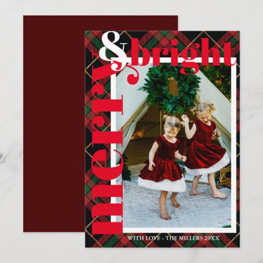 Modern Bold Plaid Merry & Bright Family Photo Feestdagenkaart (Voorkant / Achterkant)