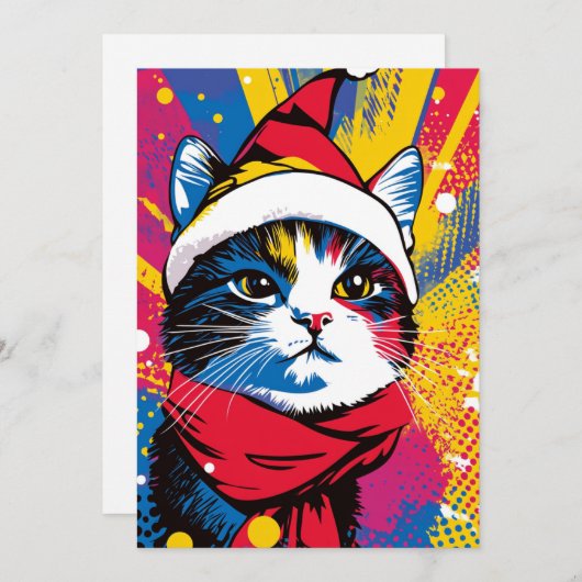 Modern Bold Pop Art Christmas Cat Custom Text Feestdagenkaart (Voorkant / Achterkant)