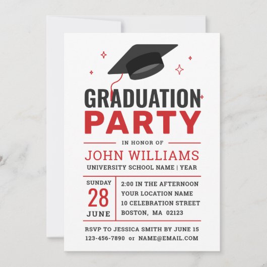 Modern Bold Red Black White Photo Graduparty Kaart (Voorkant)