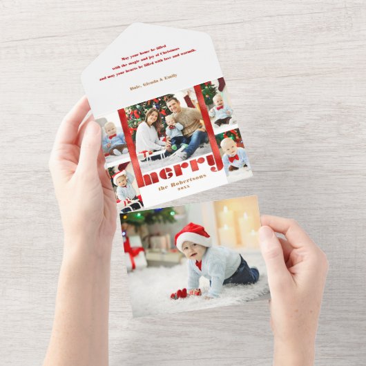 Modern Bold Red Merry Typografie 5-foto All In One Uitnodiging (Afscheurbaar)