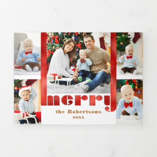 Modern Bold Red Merry Typografie 5-foto Drieluik Wenskaart