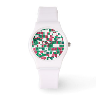 Modern Bold Rood en Groen Kerstmis Mondriaan Horloge
